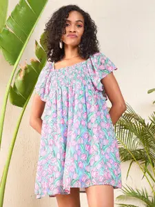 SASSAFRAS Floral Printed Flutter Sleeve Smocked Georgette A-Line Dress
