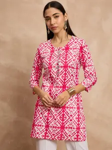 all about you Geometric Shibori Printed Mirror Work Pure Cotton Straight Short Kurti