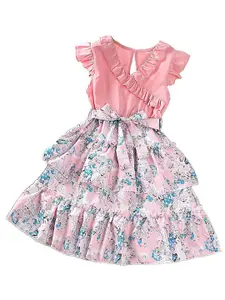 StyleCast x Revolte Girls Pink & Blue Floral Printed Layered Fit & Flare Dress