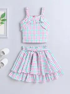 The Magic Wand Girls Checked Shoulder Straps Top with Skirt