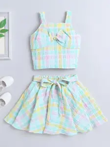 The Magic Wand Girls Checked Shoulder Straps Top with Skirt