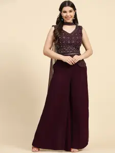 AMOHA TRENDZ Embroidered Crop Top & Palazzo with Dupatta Co-Ord Set