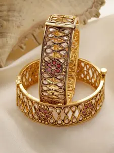 KARATCART Set of 2 Gold Plated Kundan Studded Antique Bangles