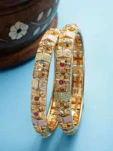 KARATCART Set of 2 Gold-Plated Kundan-Studded Meenakari Bangles
