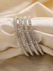 KARATCART Set of 4 Silver-Plated American Diamond Studded Bangles