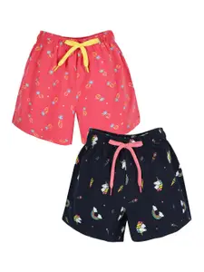 PLUM TREE Girls Pack Of 2 Conversational Printed Pure Cotton Shorts