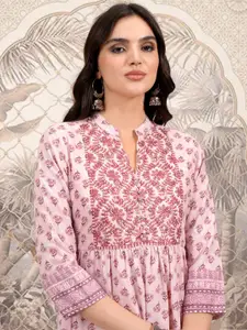 Vishudh Pink Ethnic Motifs Printed Mandarin Collar Fit and Flare Midi Ethnic Dress