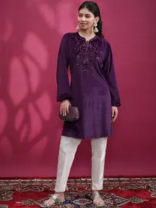 Vishudh Purple Floral Embroidered Sequined Straight Kurta