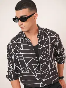 KETCH Geometric Printed Spread Collar Oversized Casual Shirt