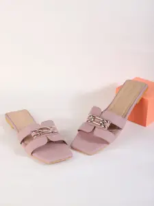 DressBerry Peach Coloured Textured Buckle Detailed Open Toe Flats