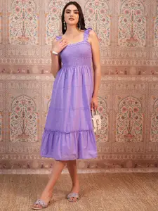 Vishudh Self Design Square Neck Cotton Fit & Flare Midi Dress