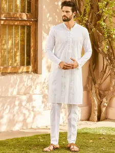 See Designs Striped Embellished Zari Mandarin Collar Cotton Straight Kurta
