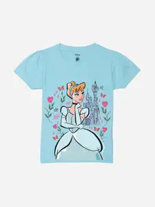 YK Disney Girls Cinderella Graphic Printed Puffed Sleeves Pure Cotton T-shirt