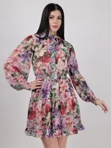 DRIRO Floral Printed Mock Neck Flared Puff Sleeve Georgette Fit & Flare Mini Dress