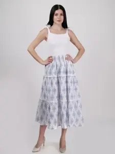 DRIRO Floral Printed Shoulder Straps Cotton Flared Fit & Flare Midi Dress