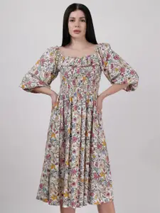DRIRO Floral Printed Flared Square Neck Puff Sleeve Fit & Flare Midi Dress