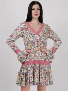 DRIRO Floral Printed Flared Bell Sleeve V-Neck Fit & Flare Dress
