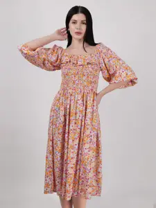 DRIRO Floral Printed Puff Sleeve Flared Square Neck Fit & Flare Midi Dress