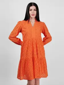 DRIRO Self Design Flared Cotton Mandarin Collar Puff Sleeve Fit & Flare Dress
