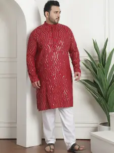 SOJANYA PLUS Men Leheriya Embroidered Regular Sequinned Pure Cotton Kurta with Churidar