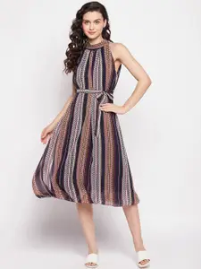 Ruhaans Striped Georgette Fit & Flare Midi Dress