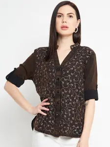 Ruhaans Classic Fit Floral Embroidered Mandarin Collar Casual Shirt