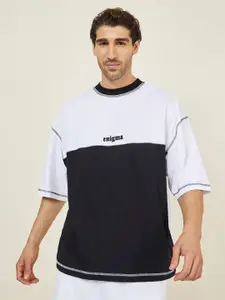 Styli Black & White Colourblocked Cotton Boxy T-shirt With Minimal Embroidery