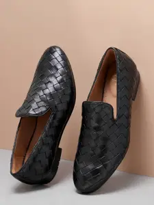 Ruosh Men Textured Leather Woven Formal Slip-On Shoes