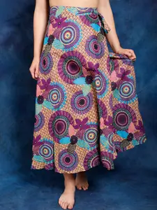 Exotic India Multicolor Wrap Around Pure Cotton Long Skirt with Printed Chakra Pattern