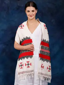Exotic India Off White Toda Embroidered Cotton Scarf