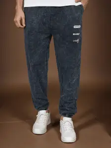 Styli Men Black Acid Wash Pocket Print And Panel Detail Cotton Terry Oversized Joggers