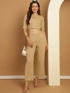 Indian Needle Self design Lapel Neck Top With Flared Trouser