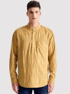 Red Flame Band Collar Long Sleeves Striped Straight Cotton Kurta