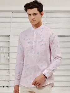 Red Flame Mandarin Collar Long Sleeves Abstract Printed Straight Cotton Kurta