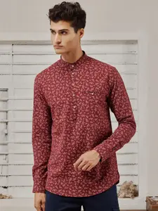 Red Flame Band Collar Long Sleeves Floral Printed Straight Cotton Kurta