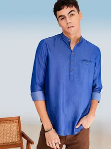 Red Flame Mandarin Collar Long Sleeves Straight Cotton Kurta