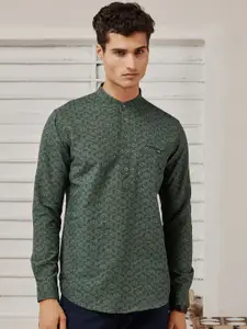 Red Flame Mandarin Collar Long Sleeves Ethnic Printed Straight Cotton Kurta