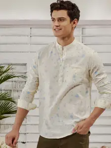 Red Flame Mandarin Collar Long Sleeves Abstract Printed Straight Cotton Kurta