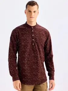 Red Flame Mandarin Collar Long Sleeves Cotton Dobby Kurta