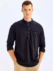 Red Flame Band Collar Long Sleeves Straight Cotton Kurta