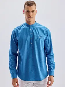 Red Flame Polka Dots Printed Band Collar Long Sleeves Straight Cotton Kurta