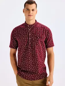 Red Flame Mandarin Collar Short Sleeve Printed Casual Cotton Kurta