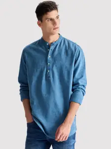 Red Flame Mandarin Collar Long Sleeves Striped Straight Cotton Kurta