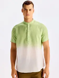 Red Flame Tie & Dye Band Collar Linen Cotton Kurta