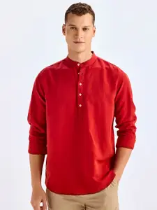 Red Flame Mandarin Collar Long Sleeves Straight Cotton Kurta