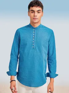 Red Flame Mandarin Collar Long Sleeves Geometric Printed Straight Cotton Kurta