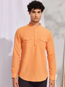 Red Flame Band Collar Long Sleeves Cotton Kurta