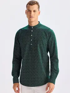 Red Flame Geometric Printed Band Collar Pure Cotton Kurta