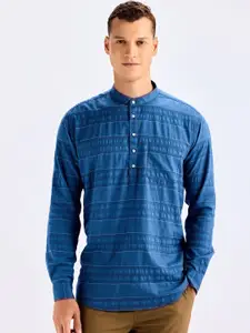 Red Flame Band Collar Long Sleeves Striped Straight Cotton Kurta