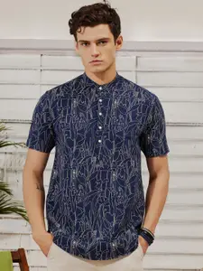 Red Flame Mandarin Collar Short Sleeves Abstract Printed Straight Cotton Kurta
